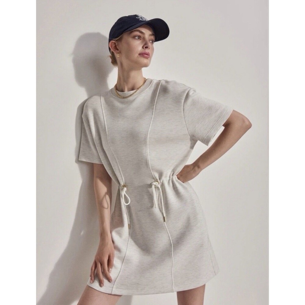 Varley Maple DoubleSoft Sweat Dress Womens Sz XL Ivory Marl Drawstring Pockets